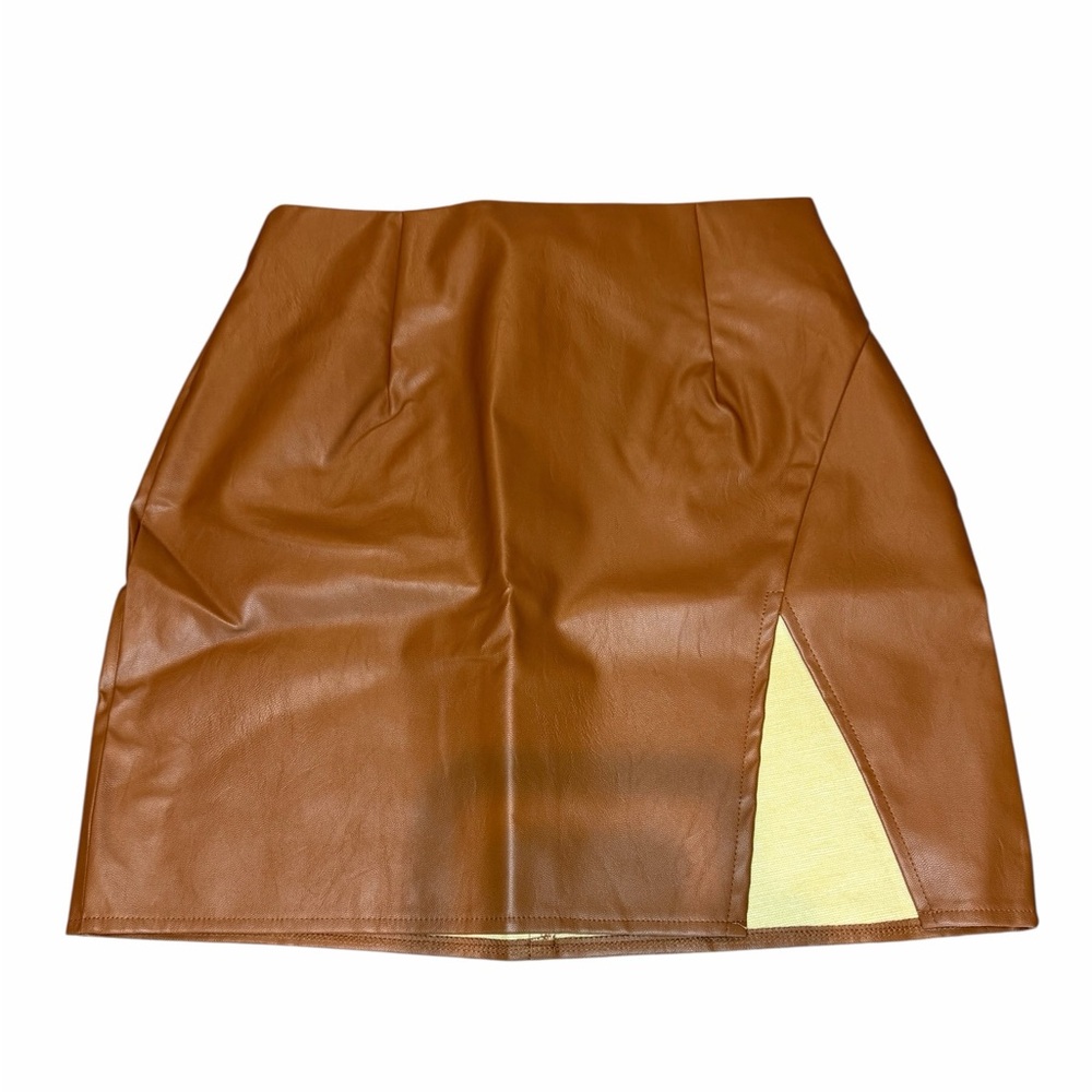 Lulus Walking The Walk Camel Vegan Leather Mini Skirt Brown - Picture 2 of 5